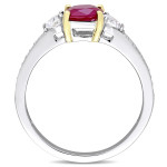Sparkling Yaffie Ruby and White Sapphire Engagement Ring with 1/10ct TDW Diamond Accents, set in White Gold with Gold Prongs.