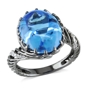 Yaffie™ Handcrafted Black Gold Blue Topaz Cocktail Ring with 1/10ct Diamond Sparkle - The Signature Collection!