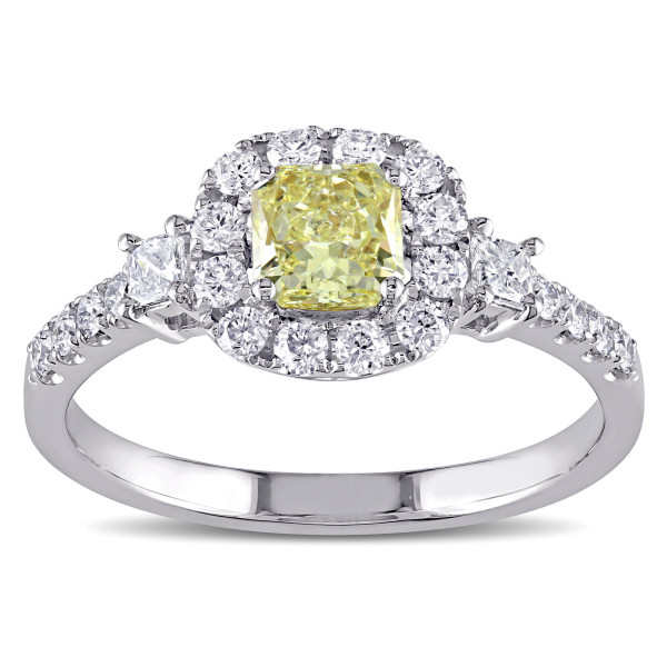 White Gold Radiant-Cut Diamond Engagement Ring with Yellow & White Diamond Halo by Yaffie Signature Collection (1ct TDW)