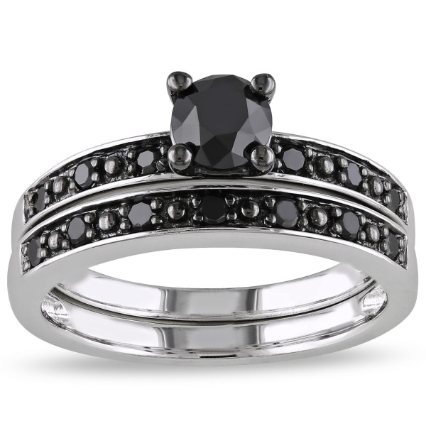Yaffie™ Custom Black Diamond Bridal Set Ring in Silver and Black Rhodium, showcasing a stunning 1 CT. Diamond Total Weight.