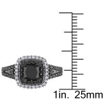 Yaffie ™ Custom Made Sterling Silver Princess Engagement Ring with 1 1/2ct TDW Black and White Diamond Halo Design on a Split Shank.