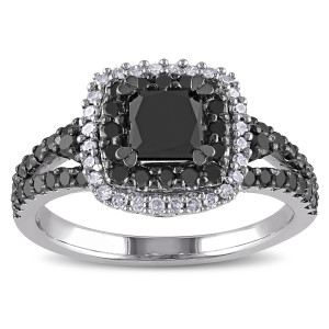 Yaffie ™ Custom Made Sterling Silver Princess Engagement Ring with 1 1/2ct TDW Black and White Diamond Halo Design on a Split Shank.