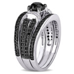 Yaffie ™ Custom Sterling Silver Bridal Trio: Stunning 1 1/3ct TDW Black and White Diamonds, Split Shank Design