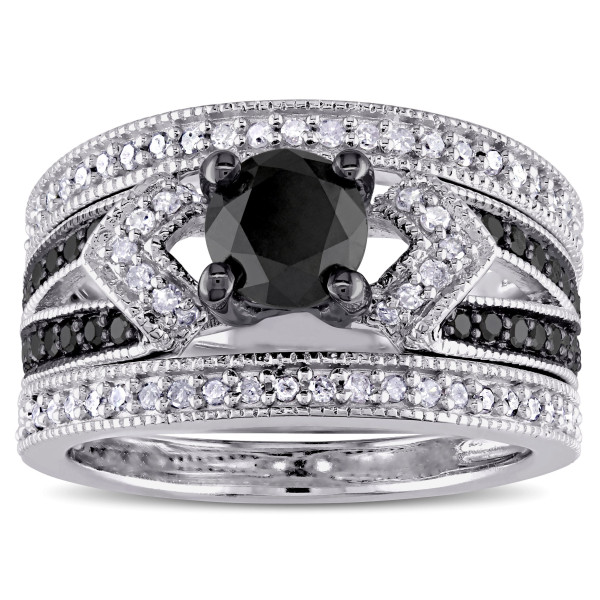 Yaffie ™ Custom 3-Piece Bridal Set: Split Shank Black and White Diamond Sparkle in Sterling Silver - 1 1/4ct TDW.