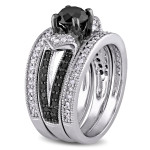 Yaffie ™ Custom 3-Piece Bridal Set: Split Shank Black and White Diamond Sparkle in Sterling Silver - 1 1/4ct TDW.