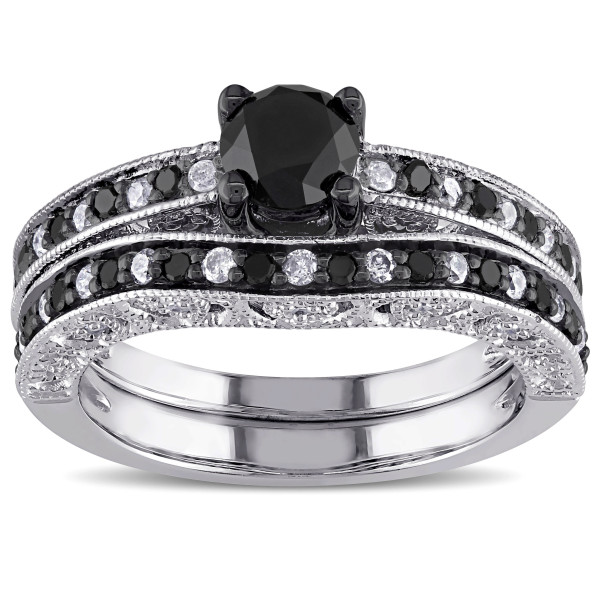 Yaffie™ Custom-Made Stacking Bridal Set: 1 1/4ct TDW Black & White Diamond in Sterling Silver with Contoured Engagement & Wedding Bands