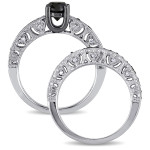 Yaffie™ Custom-Made Stacking Bridal Set: 1 1/4ct TDW Black & White Diamond in Sterling Silver with Contoured Engagement & Wedding Bands