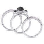 Yaffie ™ Custom-Made Halo Bridal Ring Set with Cushion-Cut Black and White Diamonds in Sterling Silver, Totaling 1.75ct TDW.