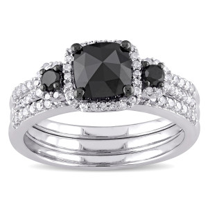 Yaffie Custom-made Black and White Diamond Halo Bridal Ring Set in Sterling Silver
