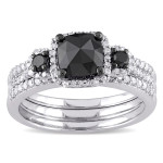 Yaffie ™ Custom-Made Halo Bridal Ring Set with Cushion-Cut Black and White Diamonds in Sterling Silver, Totaling 1.75ct TDW.