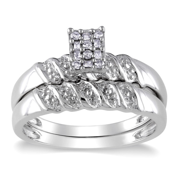 Sterling Silver Bridal Ring Set with Baguette and Round-cut Diamond Clusters (1/10ct TDW) by Yaffie