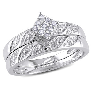 Sterling Sparkle Diamond Wedding Set by Yaffie: 1/10ct TDW Cluster Ring and Band