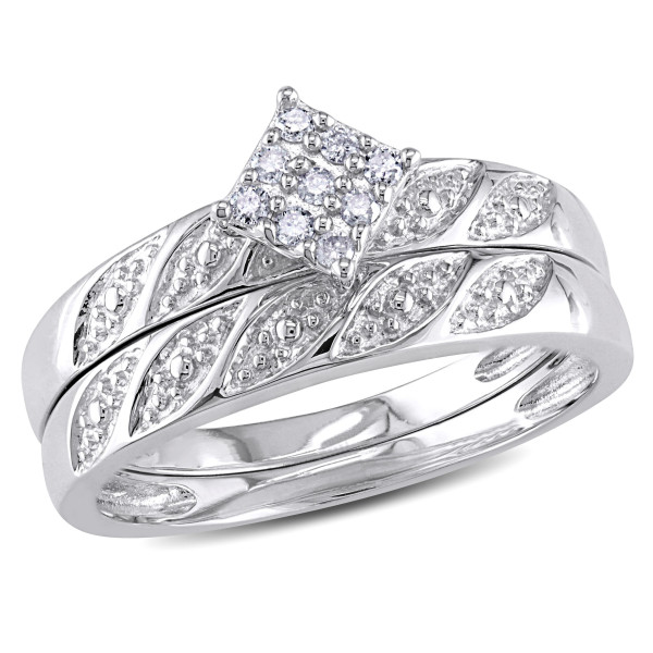 Sterling Sparkle Diamond Wedding Set by Yaffie: 1/10ct TDW Cluster Ring and Band
