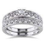 Vintage Diamond Filigree Bridal Ring Set in Sterling Silver by Yaffie, Featuring 1/10ct TDW