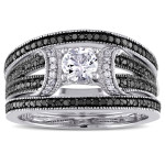 Yaffie ™ Custom-Made Black & White Diamond + White Sapphire Bridal Set with Split Shank & 1/2ct TDW in Sterling Silver.