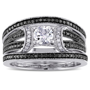 Yaffie ™ Custom-Made Black & White Diamond + White Sapphire Bridal Set with Split Shank & 1/2ct TDW in Sterling Silver.
