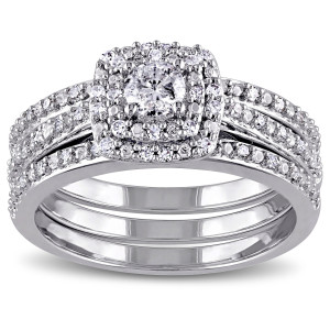 Sterling Silver 1/2ct TDW Cushion Diamond Double Halo Wedding Band and Engagement Ring Set by Yaffie