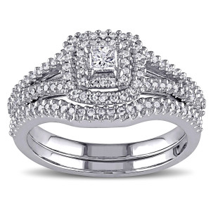 Yaffie Sterling Silver Bridal Ring Set with 1/2ct TDW Princess and Round-cut Diamonds in a Halo Design