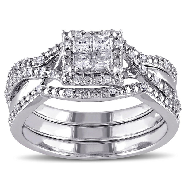 Sparkling Sterling Silver Bridal Set with Quad Princess-cut Diamonds and Interlaced Halo