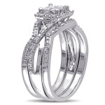 Sparkling Sterling Silver Bridal Set with Quad Princess-cut Diamonds and Interlaced Halo
