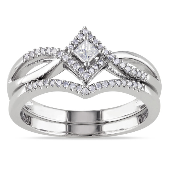 Sterling Silver Diamond Bridal Ring Set with Split Shank Halo (1/4ct TDW) by Yaffie