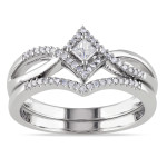 Yaffie Bridal Set with Split Shank Halo, Sterling Silver and 1/4ct TDW Diamonds