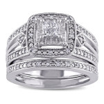 Sterling Silver Bridal Ring Set with Shimmering Princess-cut Diamond Totaling 1/4ct!