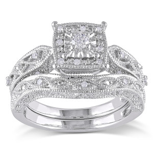 Bridal Ring Set, Yaffie 1/5ct TDW Milgrain Diamond in Sterling Silver