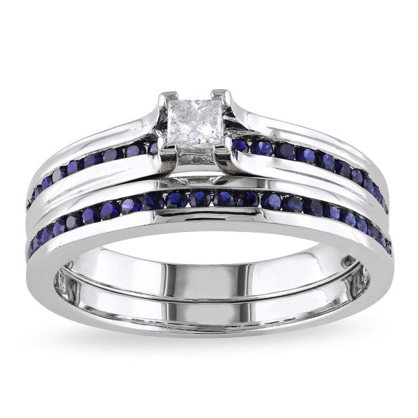 Sterling Silver Diamond and Sapphire Wedding Set with Princess-Cut Sparkle