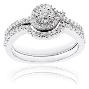 Sterling Silver Bridal Ring Set with 1/7ct TDW Sparkling Diamonds by Yaffie
