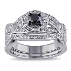 Yaffie™ Custom Sterling Silver Bridal Set with 1ct TDW of Dazzling Black and White Diamonds