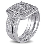 Yaffie Bridal Ring Set - Sterling Silver, 3/8ct TDW Princess-Cut Diamond and Halo, 3-Piece