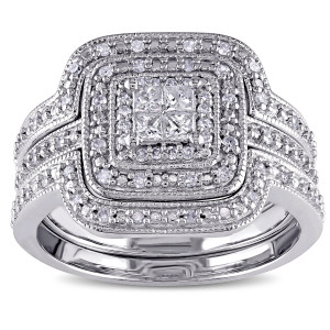 Yaffie Bridal Ring Set - Sterling Silver, 3/8ct TDW Princess-Cut Diamond and Halo, 3-Piece