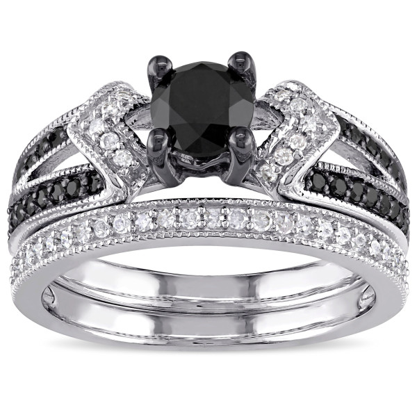 Yaffie™ Black and White Diamond Bridal Duo with a Split Shank - Handcrafted in Sterling Silver and Black Rhodium with 1 1/8ct TDW