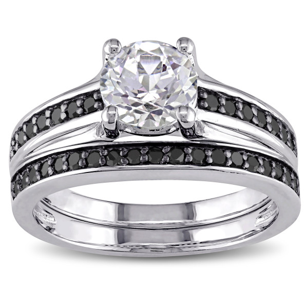 Yaffie ™ Handcrafted Bridal Ring Set - Shimmering Created White Sapphire and Bold 1/3ct TDW Black Diamond in Sterling Silver