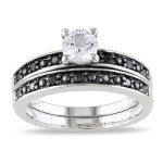 Yaffie ™ Custom-Made Bridal Set: White Sapphire & Black Diamond Sterling Silver Ring Set with 1/5ct TDW