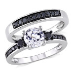 Yaffie ™ Custom-Made Bridal Ring Set with Sterling Silver, Created White Sapphire, and 2/5ct TDW Black Diamond Sparkles!