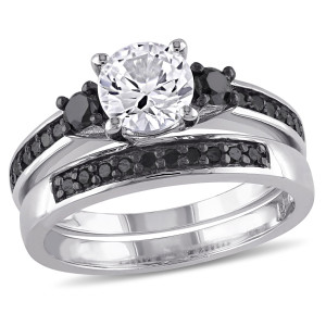 Yaffie ™ Custom-Made Bridal Ring Set with Sterling Silver, Created White Sapphire, and 2/5ct TDW Black Diamond Sparkles!
