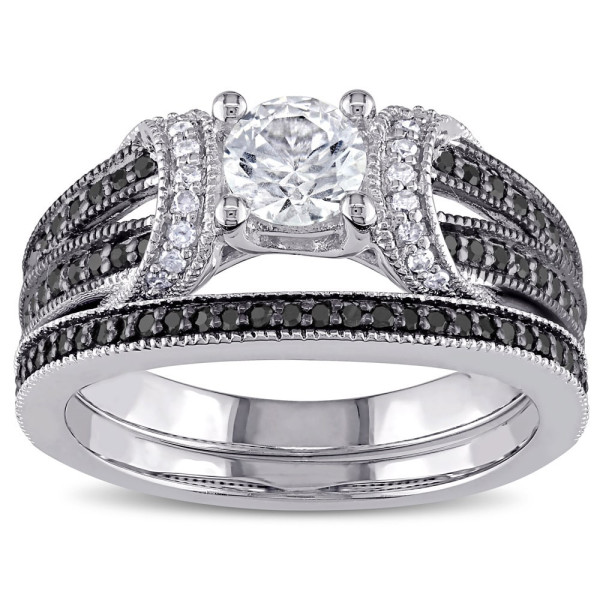 Yaffie Custom-Made Bridal Ring Set: Sterling Silver with Sparkling White Sapphire and 2/5ct TDW Black & White Diamonds.