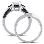 Yaffie Exquisite Sterling Silver Bridal Ring Set with Created White Sapphires and 3/5ct TDW Black Diamonds