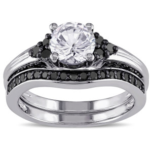 Yaffie Exquisite Sterling Silver Bridal Ring Set with Created White Sapphires and 3/5ct TDW Black Diamonds