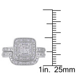 Sterling Silver Diamond Wedding Ring Set with Princess-cut Quad and Double Halo