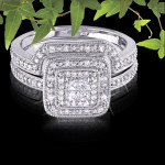 Sterling Silver Diamond Wedding Ring Set with Princess-cut Quad and Double Halo