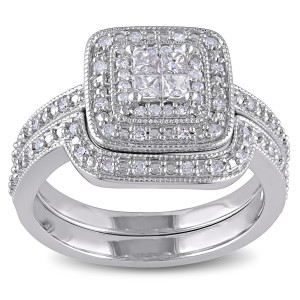 Sterling Silver Diamond Double Halo Bridal Set with Princess-cut Quads, 1/3ct Total Diamond Weight, by Yaffie.
