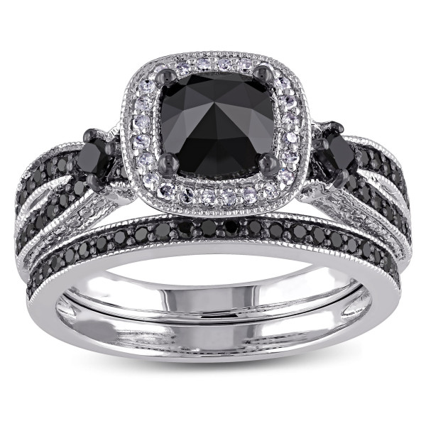 Yaffie™ Handcrafted Black Rhodium Sterling Silver Bridal Ring with Multi-Shaped Black and White Diamonds Weighing 1 1/2ct Total Diamond Weight, Featuring a Split Shank Design.