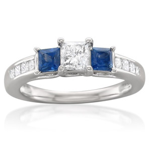 White Gold Engagement Ring with Blue Sapphire and 5/8ct of Diamonds by Yaffie