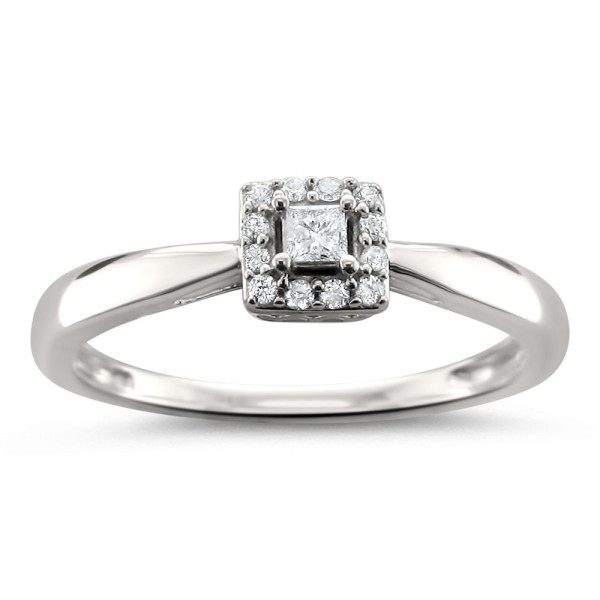 Yaffie Jewellery Princess-cut Diamond Halo Engagement Ring in White Gold, adorned with 1/8ct TDW.