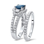 Blue Sapphire Diamond Engagement Ring Set in White Gold with 1 1/2 TGW Princess Cut Fit for a Princess by Yaffie