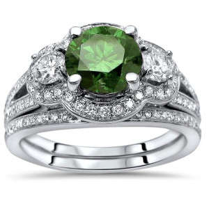 Green Diamond 3 Stone Bridal Set in White Gold by Yaffie, 1 1/2ct.