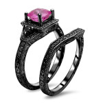 Yaffie Custom-made Black Diamond and Pink Sapphire Engagement Ring Set with 1 1/3 TGW Cushion Cut